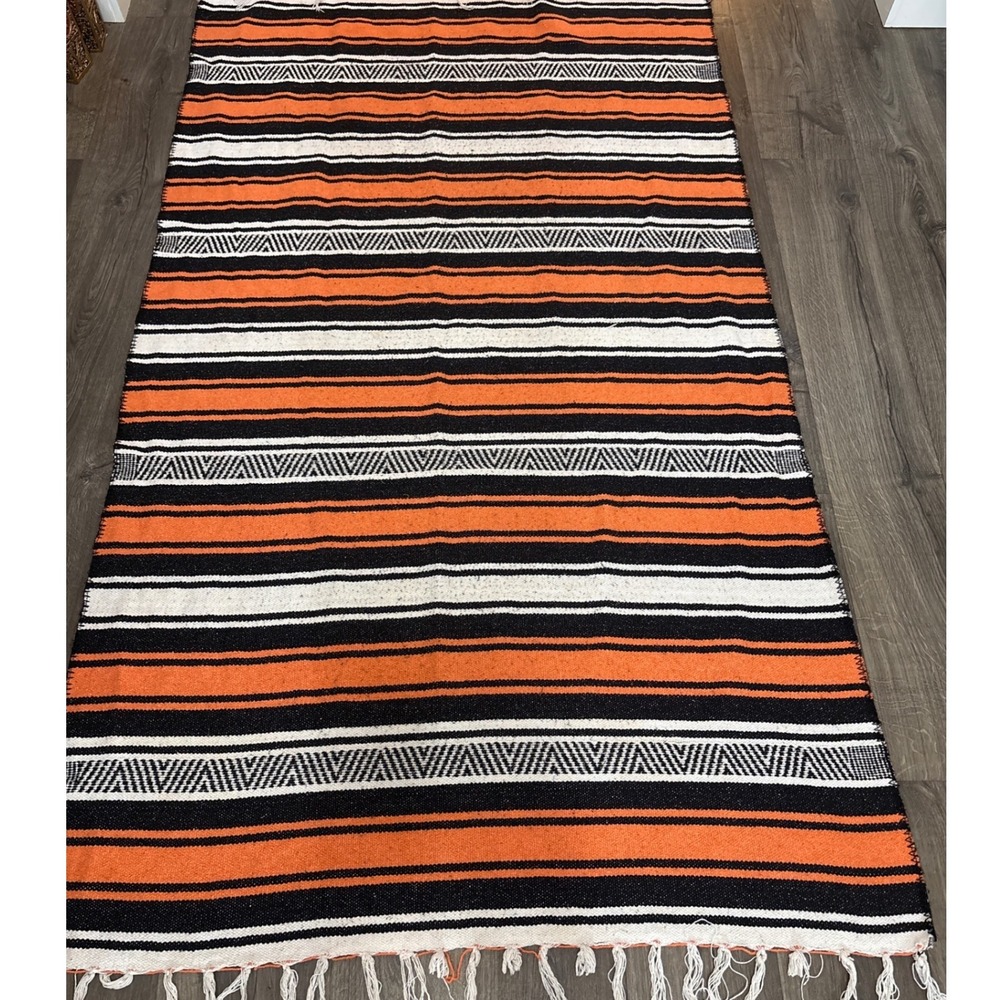 Mexican Oland rug woven striped orange‎ black white tassel